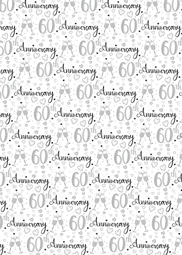 Party Angels 4 Sheets 4 Tags 60th Wedding Anniversary Wrapping Paper Champagne Glass Design Diamond Wedding Anniversary Giftwrap (PA)
