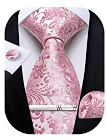 DiBanGu Cravate de couleur unie pour homme en soie avec pince à cravate carrée de poche Fomal Jacquard tissé Cravate de mariage Business, Rose clair 7710, taille unique