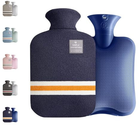 Small Hot Water Bottle with Knitted Cover, 1L Large Capacity Hot Water Bag with Removable and Washable Soft Cover for Pain Relief, Neck and Shoulders, Great Gift for Women, Men, Kids (1L-Navy Blue)
