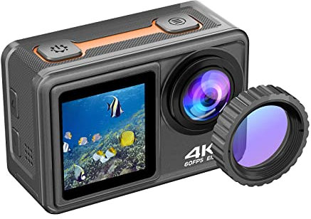 ERYUE caméra de Sport, Caméra Sport 4K 24MP Double Écran DV Caméscope 2.0 Pouces Écran Grand Angle 170° EIS 40m Étanche WiFi avec Objectif Macro Télécommande pour Sports de Plein Air