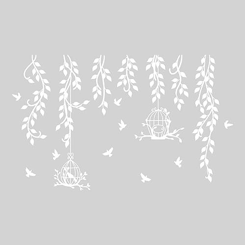 SUPERDANT Weiße Blumenranken Wandsticker Zweige Vogelkäfig Wandaufkleber Für Schlafzimmer Wandtattoo Wanddekoration Für Wohnzimmer Abnehmbare Vinyl Wandsticker Kinderzimmer Heimwanddekoration
