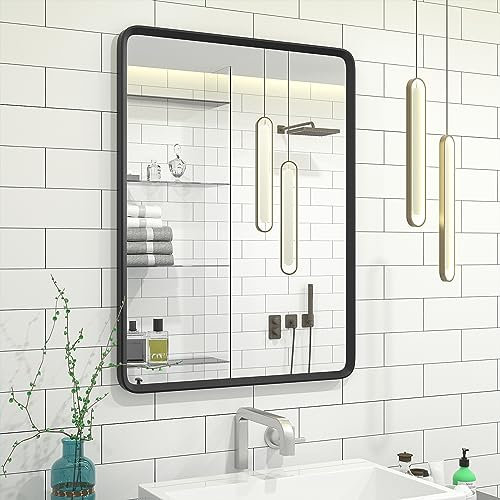 GOLOMO 24 x 32 schwarzer Badezimmerspiegel, schwarzer matter Metallrahmen, Kosmetikspiegel, abgerundeter rechteckiger Spiegel, rostfrei, bruchsicher (horizontal/vertikal)