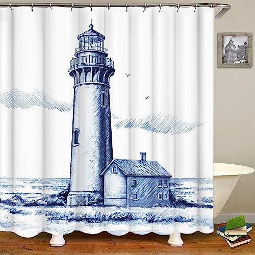 RnnJoile Blue Nautical Shower Curtain Lighthouse Bathroom Decor Seascape Shower Curtain Polyester Fabric, 72x72, with Hooks (Blue)