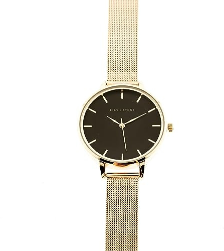 COFI 1453 Lily + Stone Armbanduhr, schwarzes Zifferblatt, Schwarze Schnalle, Armband Gold
