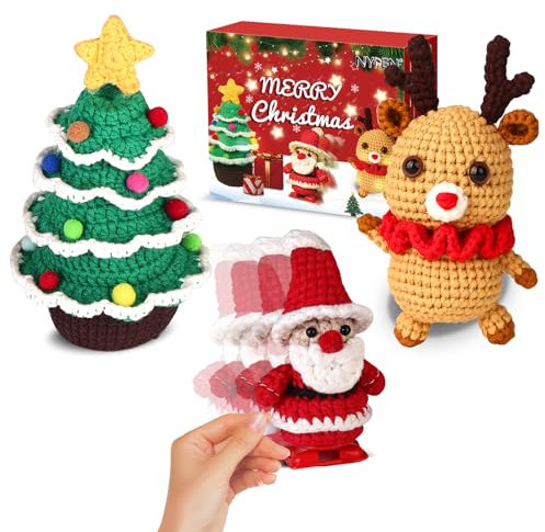 NYPEN Häkelset für Anfänger, 3-teiliges Weihnachts-Häkelset für Anfänger, Erwachsene und Kinder, DIY Amigurumi Handwerk Strickset Geschenke mit Schritt-für-Schritt-Video-Tutorials (40%+ Garn), rot