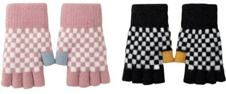 LApooh 2 Paar Damen Fingerlose Handschuhe, Halbfinger Handschuhe, Warm, Flauschig, Bunt, Kariert, Gestrickt, Touchscreen Fäustlinge Für Männer, Frauen, Damen, Weihnachtsgeschenke, Schwarz Und Lil