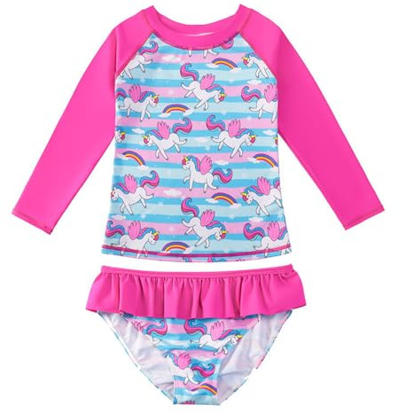 Maillot de Bain Fille Deux Pièces Combinaison Anti UV Fille Manches Longues Maillot pour Filles de 7-8 Ans