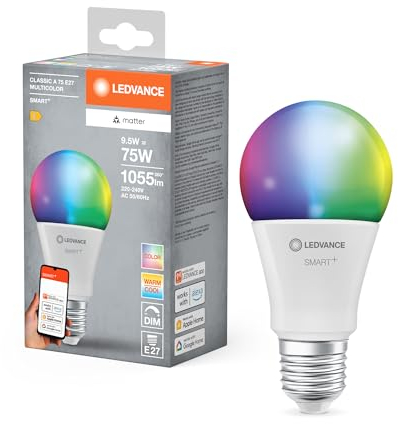 LEDVANCE SMART+ MATTER LED-Lampe, kompatibel mit Google, Alexa, Apple, weiße Frost-Optik, 9,5W, 1055lm, E27, Farblicht, Weißlicht, App- oder Sprachsteuerung, bis zu 20.000 Std.Lebensdauer, single pack