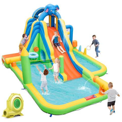 LIFEZEAL Château Gonflable avec Toboggan & Piscine, Mur Escalade, Canon à Eau, Structure Gonflable Thème Eléphant pour Enfants 3-10 Ans, Charge de 45+45 kg, 378x469x250 cm (avec souffleur)