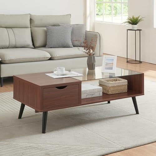 [en.casa] Mesa de Centro Rectangular con Cajón y Compartimento Abierto Diseño Decorativo Mesita de Salón con Tablero de Cristal Aglomerado 110x50x40 cm - Efecto Nogal