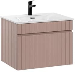 Muebles Slavic Armadietto da bagno sospeso con lavabo, cassetto maniglia tasti rosa, 60 cm, mobile da bagno moderno