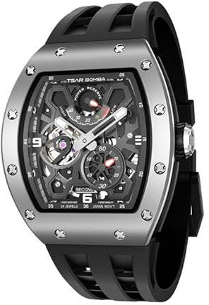 Luxus Herrenuhren Wasserdicht 50M Mechanisch Analog Uhren Tonneau Skelett Uhren Skelett Analog Replik Uhr mit Fluoroelastomer Uhrenarmbänder Business Arbeit Uhr Einzigartige Geschenke für Männer