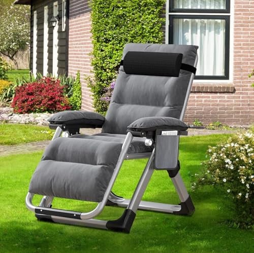 Ryuhic Folding Sun Lounger Reclining Garden Chair 200kg Support | Adjustable Zero Gravity Chair with Cushion, Headrest, and Side Pocket, Recliner Camping Chairs for Beach Deck Outdoor