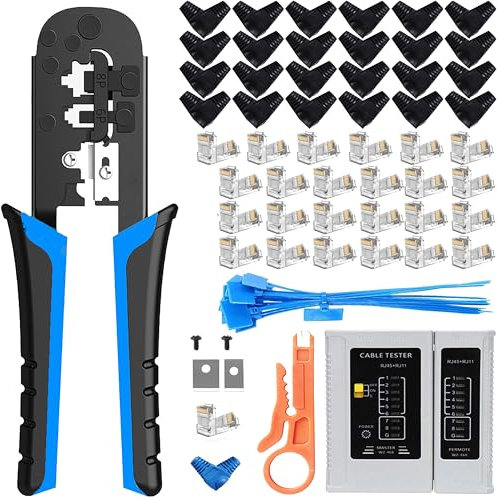 MAYLINE RJ45/RJ11 Crimpado Juego Herramientas Reparación de Cable de Red, Pelacables Alicates Crimpadora Crimp Wire Stripping Comprobador, Profesional Alicate de Corte CAT5 CAT7 CAT6(Amarillo)