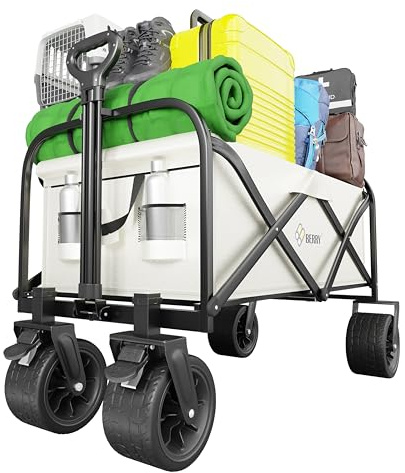 Berry 150KG Capacity Heavy Duty Foldable Utility Wagon - Beige Collapsible Cart with Adjustable Handle, All-Terrain Wheels, & Sturdy Frame for Camping, Beach, Shopping