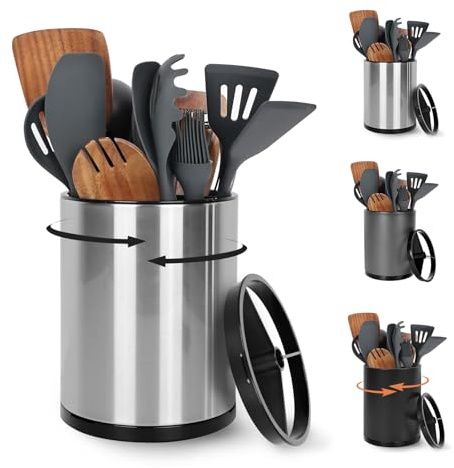 Nigelia Extra Large Kitchen Utensil Holder, 360° Rotating Stainless Steel Cooking Utensil Holder for Countertop, 3 Compartment Flatware Organizer & Cooking Caddy with Removable Base（Silvery）