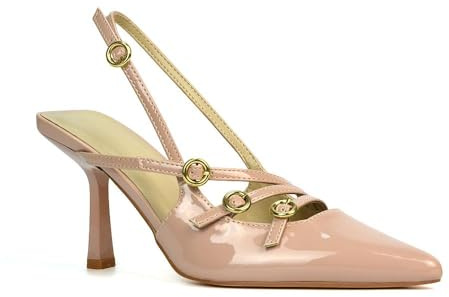 Women's Pointed Toe Slingback Court Shoe Ladies Nude Patent Stiletto Heel Buckle Detail Size 7