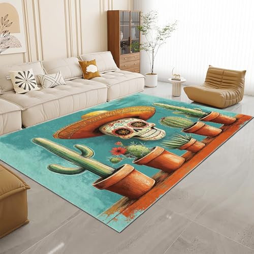 Tappeto moderno con tunnel a spirale Retro Teschio Di Zucchero Cactus Tappeto 150 x 210 cm Tappeto lavabile per soggiorno camera da letto cucina decorare Verde Tappeto pelo corto Tappeto stampato