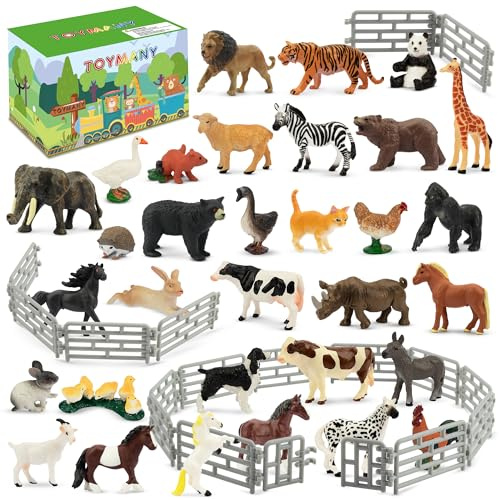 toymany 50PCS Small Animal Figures, Realistic Mini Jungle Animals Figurine, Horse and Farm Figure with Fence Toys, Cake Topper Birthday Gift Party Favor for Kids Toddlers