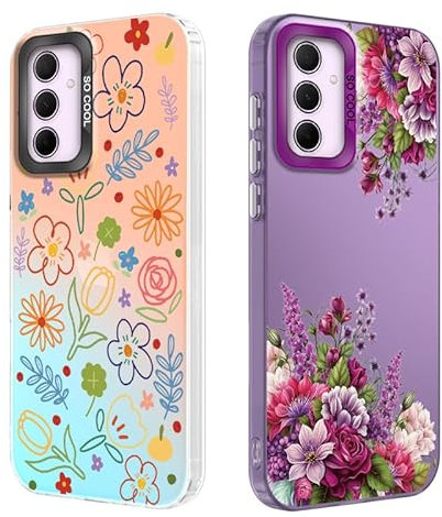 2 Pezzi Cover per Samsung Galaxy A15 4G/ 5G 6,5, Disegni Fiore Rosa Fioreale Aesthetic Custodia Protezione Fotocamera Silicone TPU Morbida Antiurto Cellulare Case per Donne, Iridescente +viola