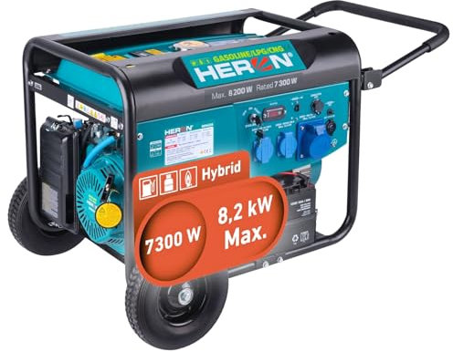 Heron Hybrid Benzin- & Gasgenerator (LPG/NG) I 8,2 kW I Generator mit 25L Tank, Fahrgestell & Elektrostarter I Mit zwei 16A 230V & einer 32A 230V-Steckdose I mobiles Stromaggregat mit AVR-System & ATS