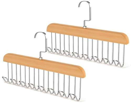 Cintre en pour Ceintures,2 PCS Cintres Bois Porte Ceinture avec 8 Crochets, 360° Pivotant Cintres en Bois pour Ceintures, Porte Cravate pour Cravates, Ceintures, sous-Vêtements