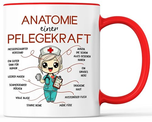 Tasse mit Spruch Anatomie einer Pflegekraft Becher Krankenschwester Krankenpfleger Altenpflegerin - lustiges Geschenk - Kaffeebecher als Geschenkidee - Kaffeetasse 330ml - Weiss-Rot