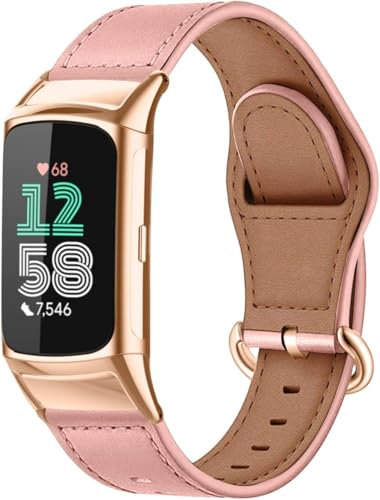 MiRowy Bracelet de Montre en Cuir Compatible avec Fitbit Charge 6/Charge 5, Bracelet de Remplacement avec Fermoir en Métal Inox pour Fitbit Charge 6/Charge 5 - Rose