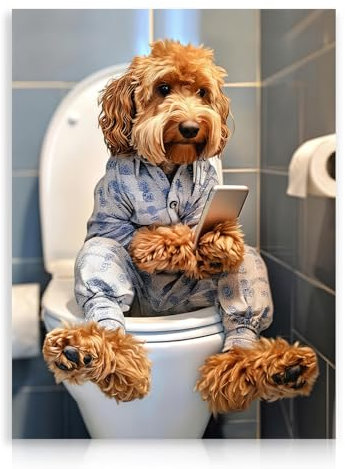 Dazzlewall Art mural d'animaux drôles pour salle de bain, Toile de chien jouant au téléphone sur les toilettes pour salle de bain 12x16 pouces sans cadre