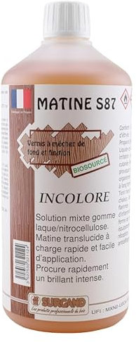 MATINE CELLULOSIQUE INCOLORE S87 / MATINE MIXTE CELLULOSIQUE GOMME-LAQUE. Matine translucide à charge rapide et facile d’application. Elle procure rapidement un brillant intense. (1 L)