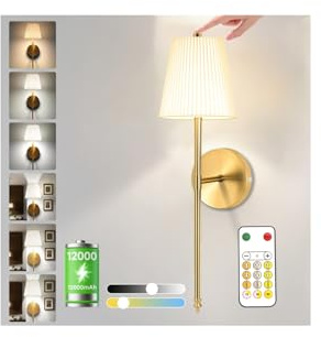 ZHENMING Battery Operated Wall Lights,1 Pack Wireless Wall Sconces 12000mAh Battery Operated Wall Lights with Remote,2700K-6000K & 3 Lighting Modes Wall Lamp for Bedroom,Bulb Included (Gold)