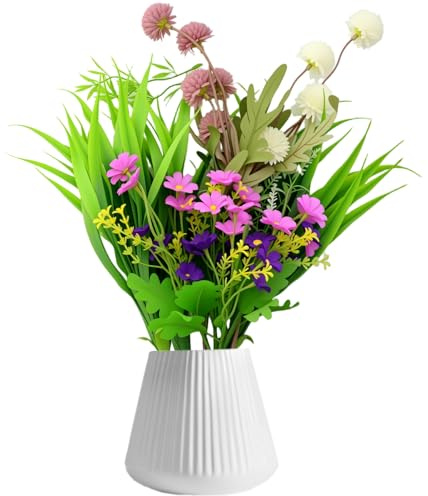 Kunstblumen wie Echt Künstliche Blumen Frühling Wildblume Blumenstrauß Künstlich Seidenblumen Fake Blumen Pflanzen Zweige Deko Artificial Flowers Hortensien für DIY Brautstrauß Hochzeit (Lila, Weiß)