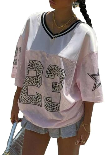 LYSINK Damen Y2K Übergroße Jersey-Shirts V-Ausschnitt Halbarm Nummer Grafik-Shirts Sommer Casual Jersey Streetwear Tops, M
