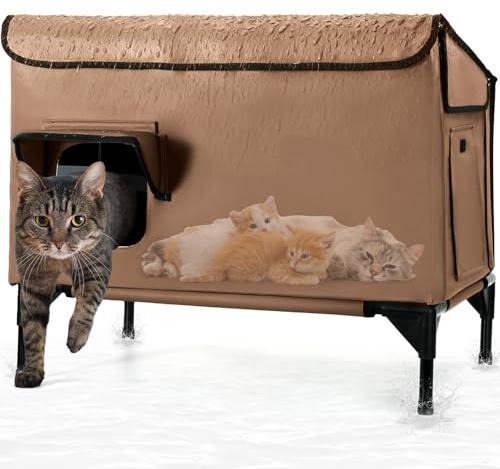 Large Outdoor Cat House Waterproof, Insulated Weatherproof Outdoor Cat Shelter with Slanted Roof & Escape Door, Elevated Feral Cat House for outdoor Cats Stray Barn Cat, Brown