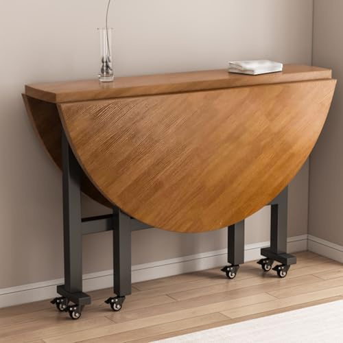 GUQASDV Mesa de Comedor Plegable for Uso doméstico, Mesa de Cocina Extensible con alas abatibles, Mesa de Cocina Redonda Plegable y portátil con 6 Ruedas(Brown,100cm)