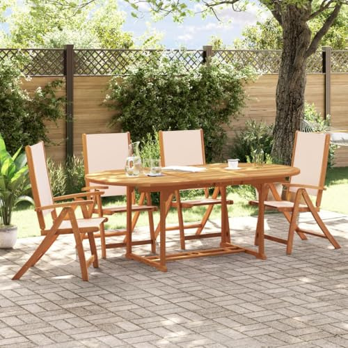Holamys 5-TLG. Garten-Essgruppe Massivholz Akazie, Textilene Creme, ausziehbarer Tisch mit Schirmloch, 4 verstellbare Stühle, für Terrasse, Balkon
