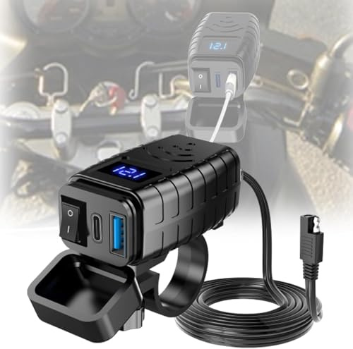 LYZPD Motorrad Handyladegerät für Harley Davidson V Rod 2002-2014 2015 2016 2017 2018 2019 2020, mit Schalter & LED Voltmeter USB-C-Steckdose Schnellladung für Reise/Alltag/Outdoor