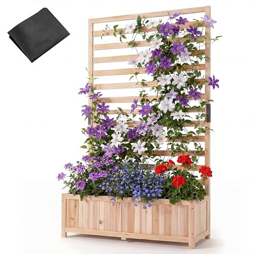 HOMASIS Pflanzkübel mit Rankgitter, Blumenkasten mit Spalier, Pflanzkasten aus Massivholz, Hochbeet Pflanzgefäß Rankkasten Gartenspalier Rankhilfe für Balkon Garten Terrasse (Natur, 90x35x150cm)