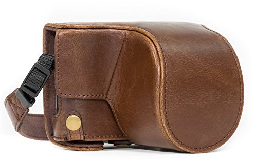 MegaGear Panasonic Lumix DC-GX850, DC-GF9 12-32mm Objektiv, DC-GX800, DMC-GF8, DMC-GF7 Ever Ready Leder Kamera-Case mit Trageriemen und Batteriezugang Dunkelbraun MG1141