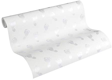A.S. Création PVC-freie Vliestapete Little Stars Tapete mit niedlichen Baby Füßen 10,05 m x 0,53 m metallic weiß Made in Germany 358631 35863-1