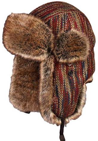Insun Unisex Fliegermütze mit Kunstfell Warme Trappermütze Gestrickt Wintermütze Erwachsenen Winter Mütze für Herren Rötlich Braun XL Hut Umfang 60cm