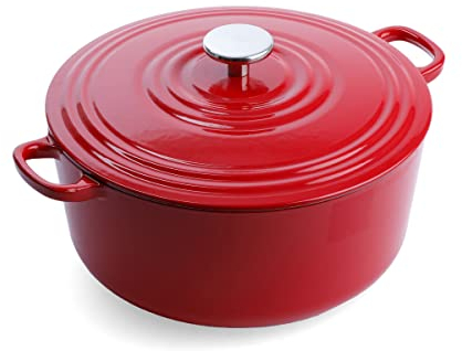 BK Cookware Bourgogne Schmortopf, Bräter Induktion, Gusseisen Topf Emailliert mit Deckel, Ofen- und Spülmaschinengeeignet - 28cm/6,7 L, Chili Rot