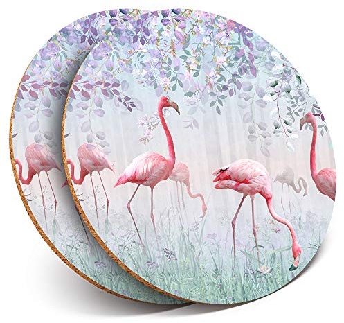 Destination Vinyl Ltd #24012 Untersetzer, rund, mit rosa Flamingo-Vögeln in der Natur, glänzend, 2 Stück