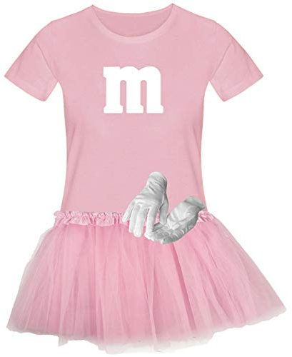 T-Shirt M&M + Tüllrock Karneval Gruppenkostüm Schokolinse 11 Farben Damen XS-3XL Fasching Verkleidung M's Fans Tanzgruppe, Gr.:3XL, Farbauswahl:rosa - Logo Weiss (+Handschuhe Weiss/Tütü rosa)