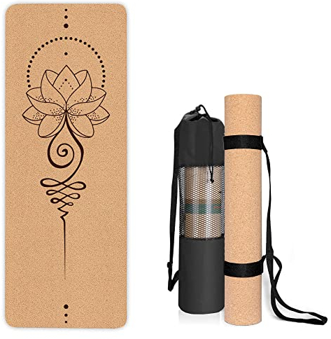 Kork-Yogamatte, rutschfest, einzigartiges Design, natürlicher Kork, TPE-Material, Fitness-Trainingsmatte mit Tragetasche und Gurt, für Zuhause, Pilates, Aerobic Fitnessstudio und Workout (183 x 61 cm)