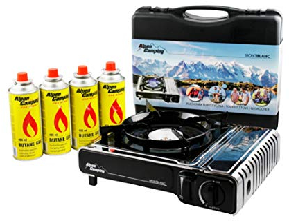 Réchaud à gaz portable + 4 cartouches de gaz + coffret Réchaud de camping MOUNT BLANC