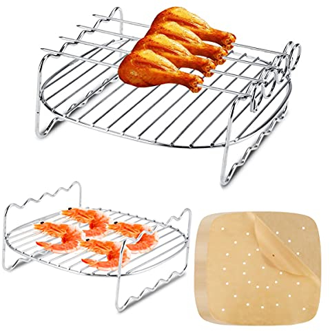 Air Freidora Rack,Biluer 2PCS Parrilla para Freidora de Doble Capa Rejilla de Horno de Acero Inoxidable And 100PCS Papel de Hornear Ppapel de Pergamino,para Freidora de Aire Vaporera de Bambú