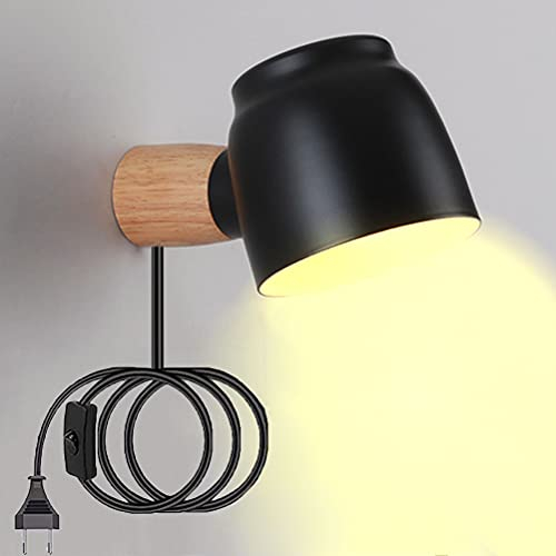 Drehbar Holz Wandleuchte Mit Stecker, Moderne Wandleuchtung Innen-Nachttischlampe Wand-Leselampe Wandlampe Mit Kabel Und Schalter 360°Schwenkbar Schwarz Metall Schirm, Für Schlafzimmer Wohnzimmer