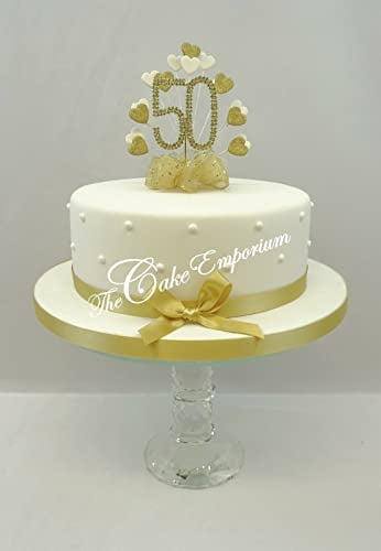 GOLDEN 50th WEDDING ANNIVERSARY CAKE DECORATION DIAMANTE 50 CAKE TOPPER HEART WITH MATCHING RIBBON PACK