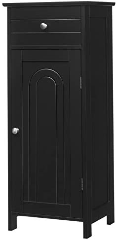 CASART Bathroom Storage Cabinet, Single Door Floor Standing Cupboard with Drawer & Adjustable Shelf, Wooden Display Sideboard Unit for Living Room Toilet Bedroom (Black, 7-Position Adjustable)